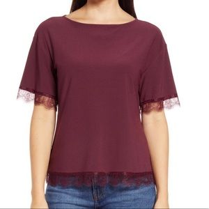 NWT Halogen Burgundy Eyelash Lace Trimmed Blouse Size M